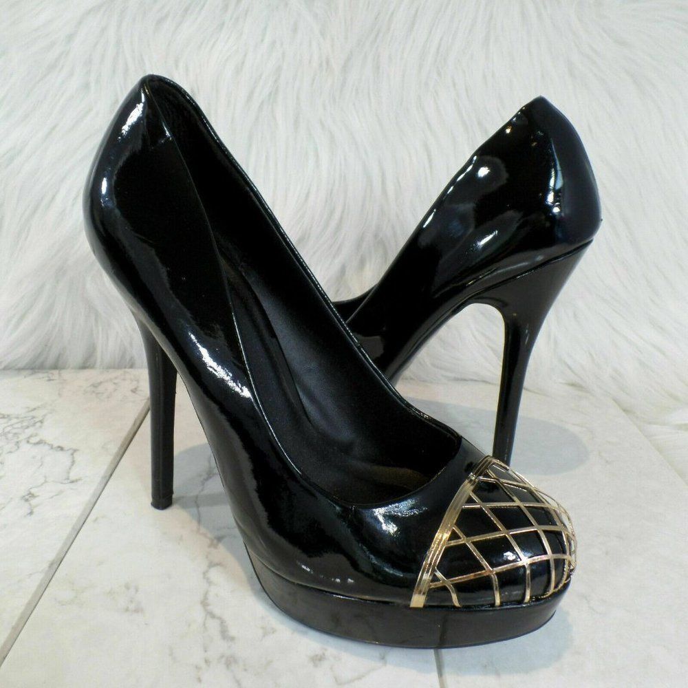 Wild Diva Sonny Black Patent High Heel Platform Pumps with Gold Cage Toe sz. 7